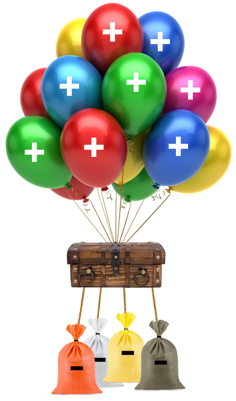a box being pulled up by balloons and weighed down by sandbags